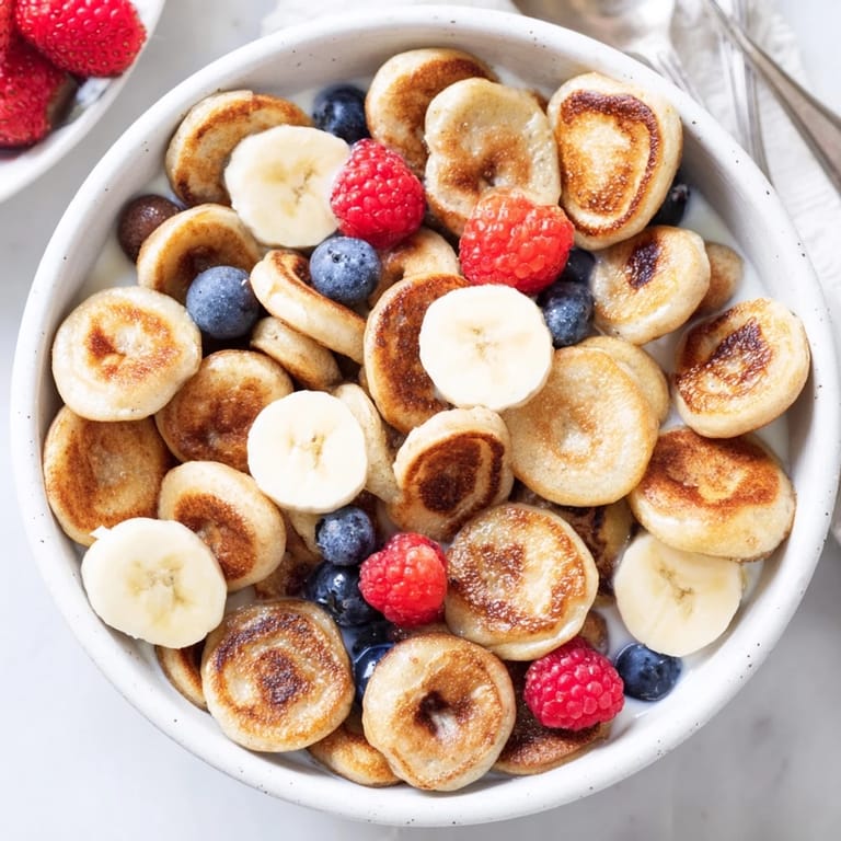 Tiny, fluffy pancakes arranged like cereal, perfect with milk or honey drizzled on top.  