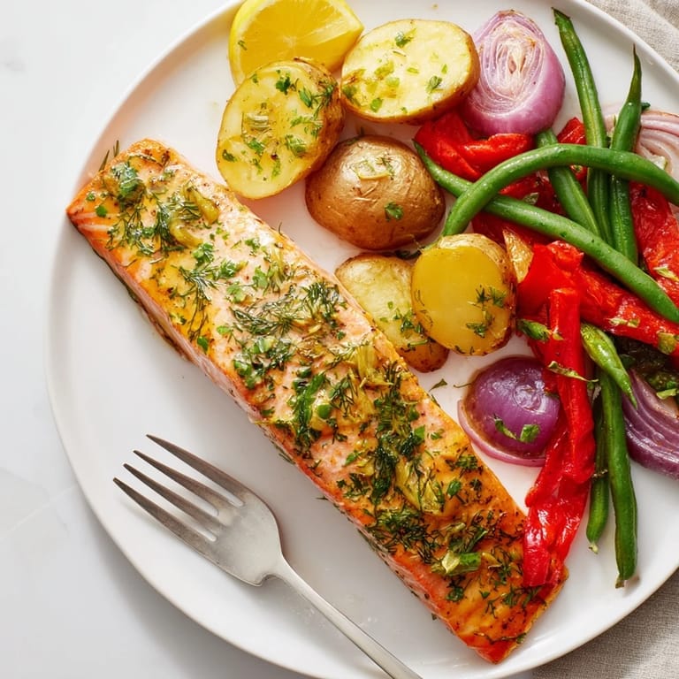 Vibrant Lemon Herb Salmon & Potato Sheet Pan, ideal for a quick weeknight dinner.  