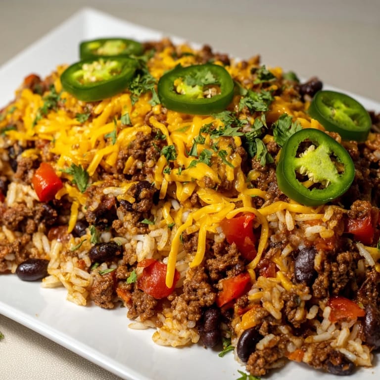 A close-up of a Tex-Mex Beef & Rice Casserole, showcasing the delicious cheesy, beany mixture.
