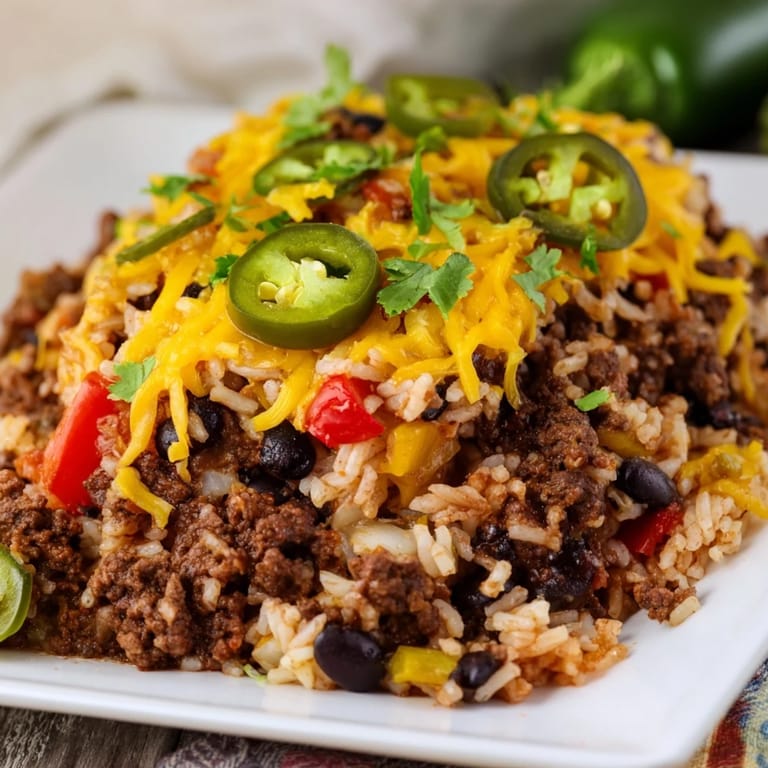 Hearty Tex-Mex Beef & Rice Casserole: a baked casserole with ground beef, rice, and a zesty sauce.