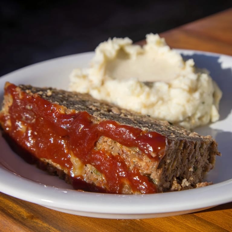 Golden-topped Classic Meatloaf & Mashed Potatoes, ready to slice and enjoy with creamy mashed potatoes.