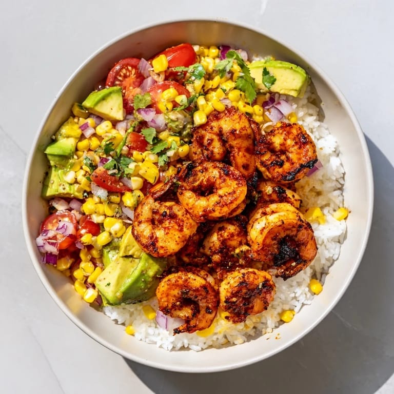 A delicious overhead shot of the Easy Grilled Shrimp Bowl, complete with avocado and corn salsa.
