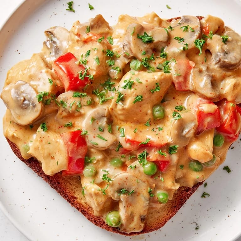 A close-up shot of chicken à la King, showcasing tender chicken pieces and vibrant vegetables with toast.
