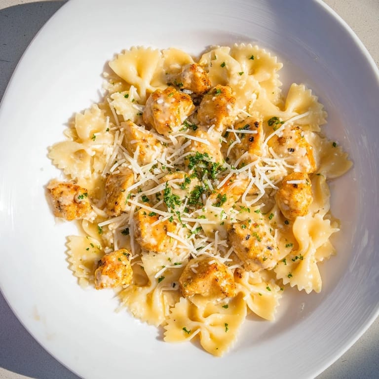 Golden-brown chicken pieces mingle with bowtie pasta in a rich Mozzarella Garlic Butter Chicken Bowties meal.