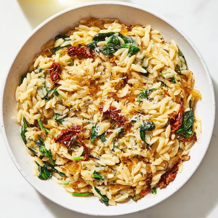 A close-up shot of the creamy, flavorful Tuscan Orzo Bowl with fresh Parmesan.