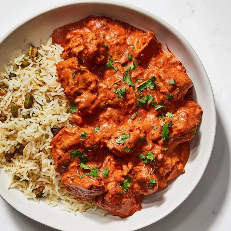 A vibrant close-up showcases Butter Chicken & Rice Pilaf, flavorful chicken and rice ready to be served.