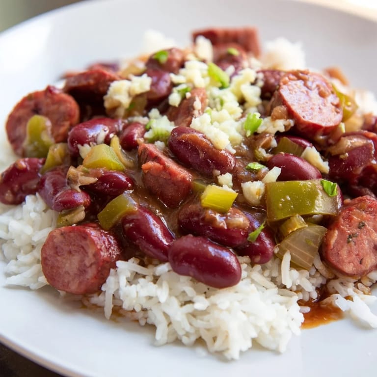 Close-up shot shows a comforting plate of creamy Red Beans & Rice, a Southern favorite.