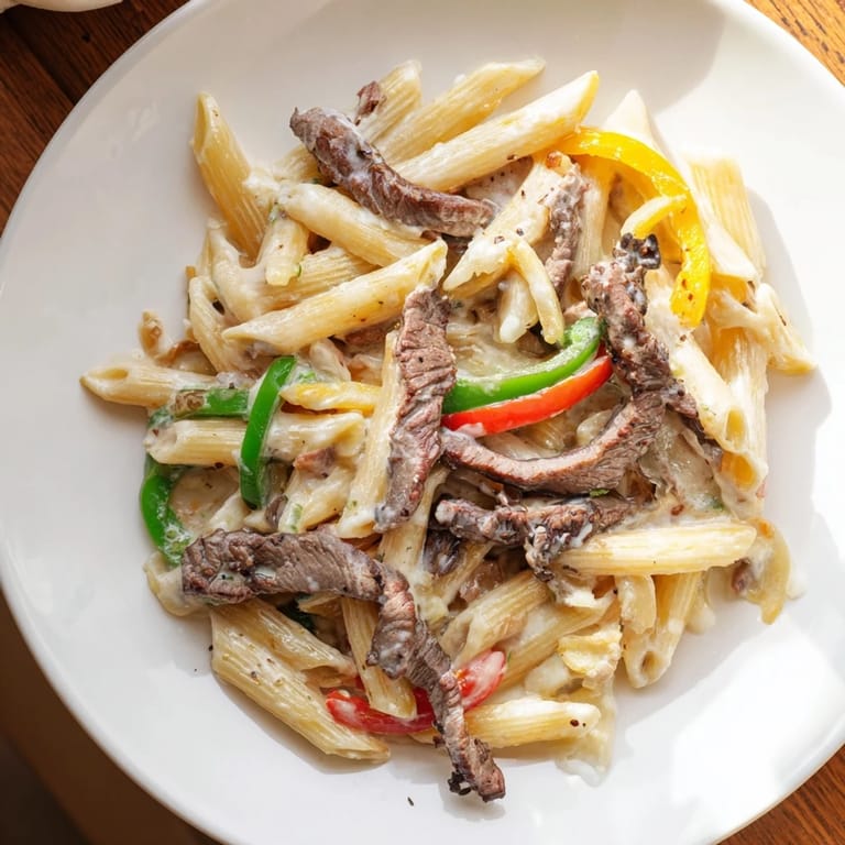 Vibrant image of Philly Cheese Steak Pasta shows tender pasta tossed in a rich cheese sauce, ready to serve.