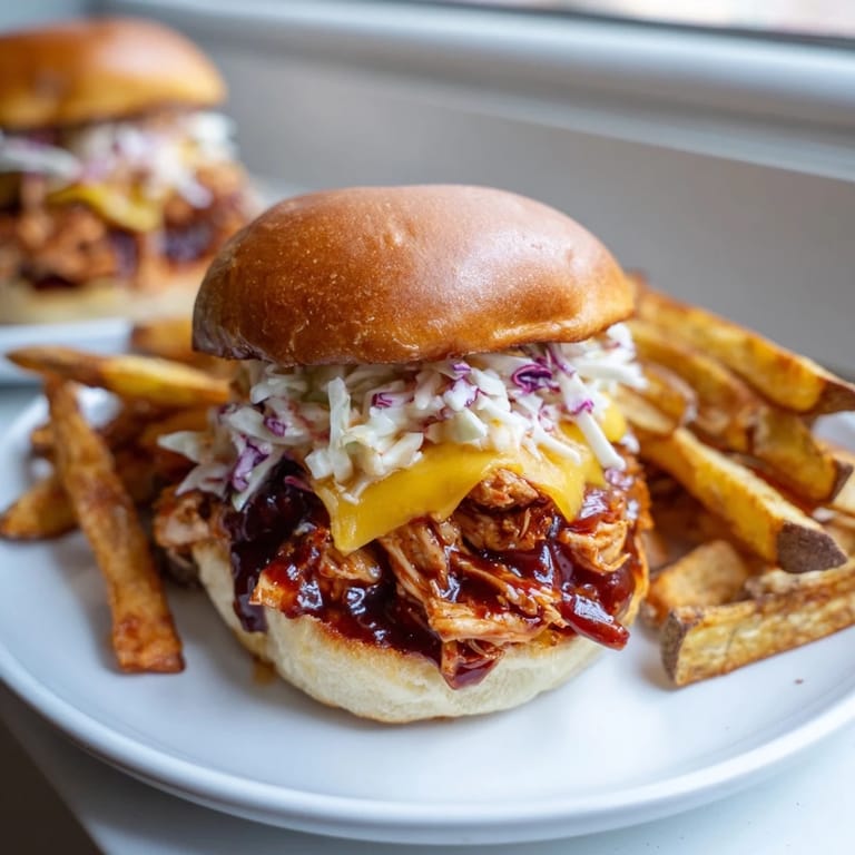Melted cheddar tops tender BBQ Chicken Sliders, ready to serve with golden, seasoned fries.