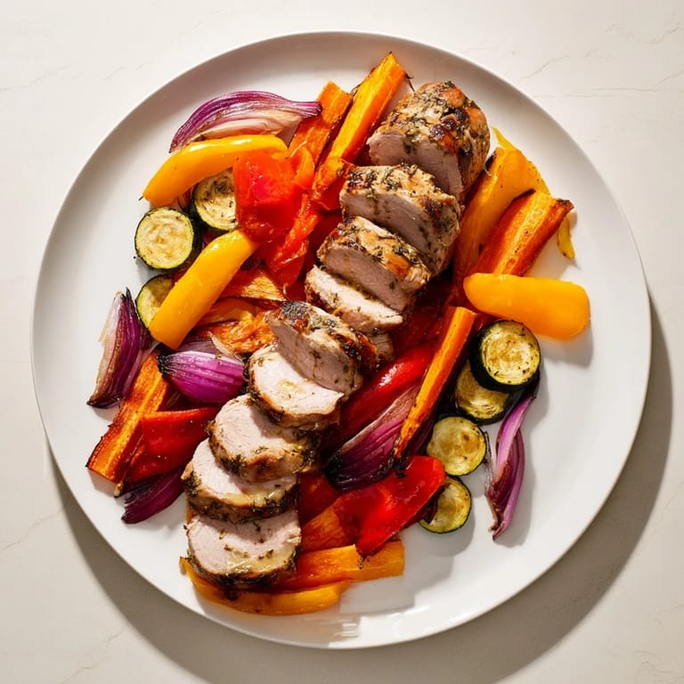 Golden-brown Roasted Garlic Pork Tenderloin, glistening with herbs, is surrounded by colorful, tender roasted vegetables.