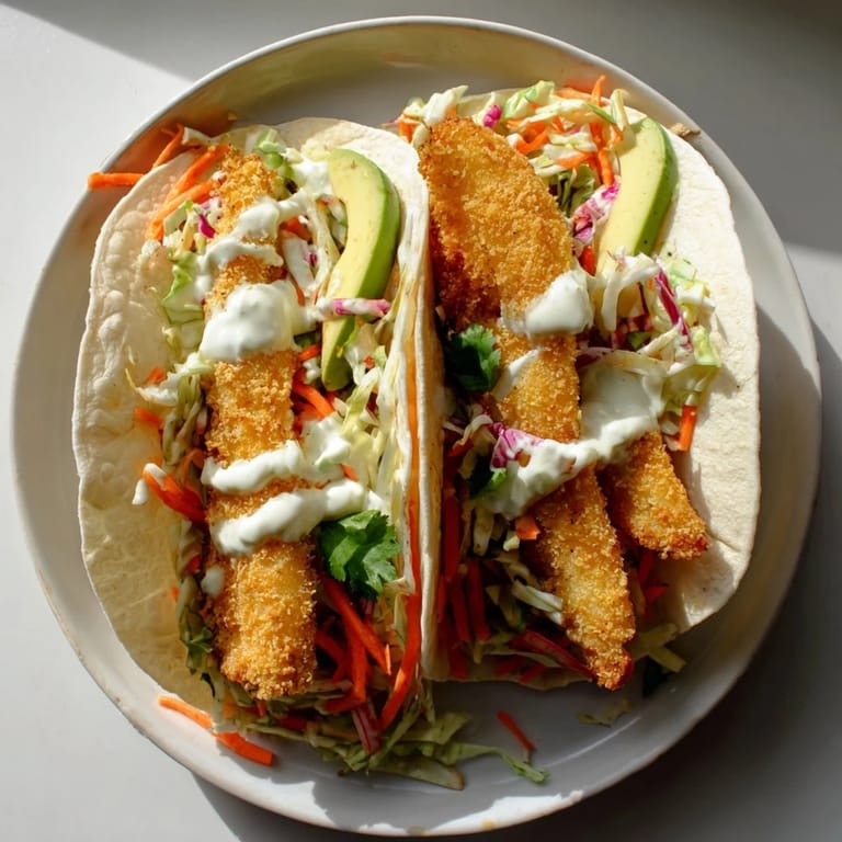 Warm, griddled tortillas holding delicious crispy fish tacos and a creamy slaw topping.