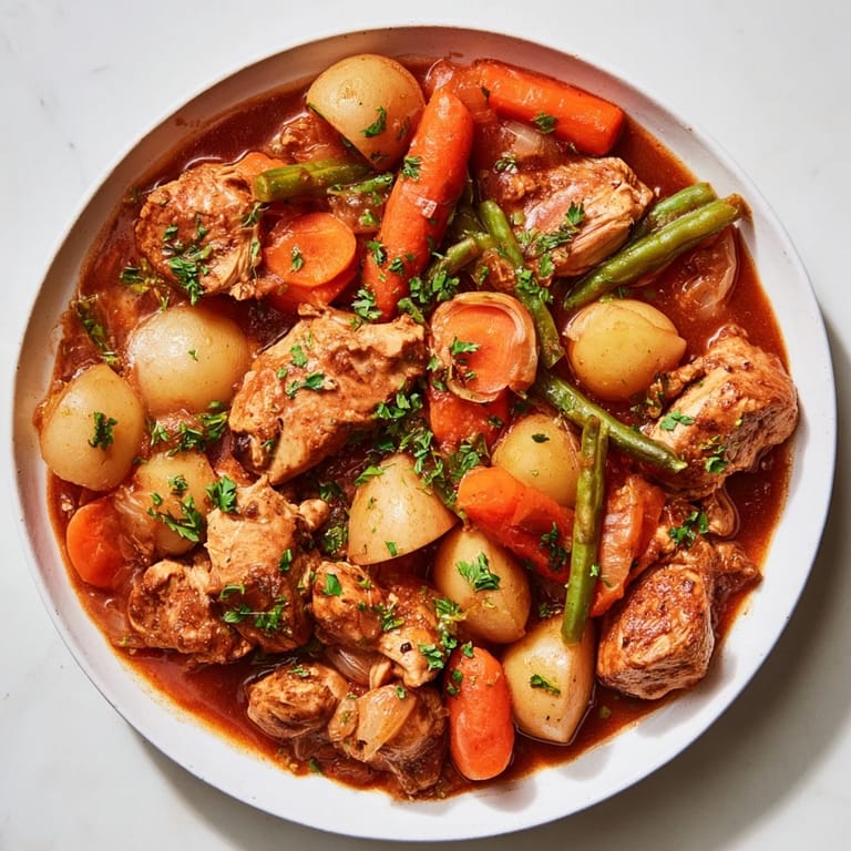 This flavorful Slow-Cooker Chicken & Vegetable Stew showcases a rich broth and hearty ingredients.