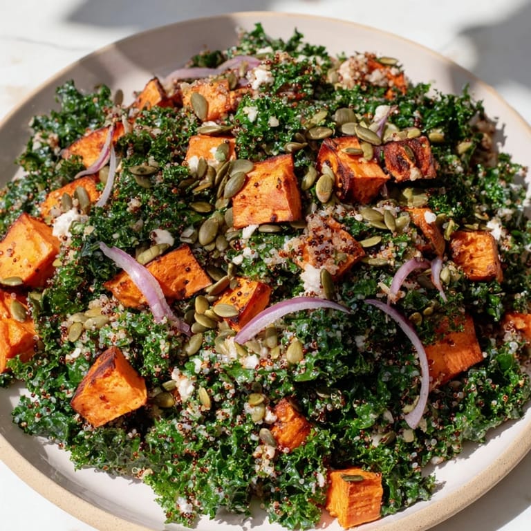Close-up of a vibrant Kale & Quinoa Salad, showcasing sweet roasted potato chunks and fluffy quinoa.
