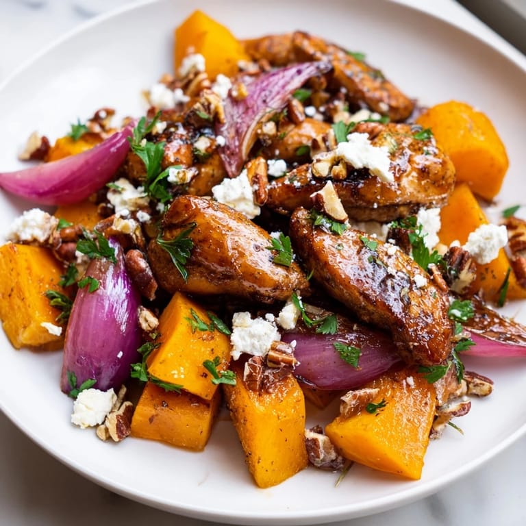 Vibrant image of a warm Roasted Chicken & Winter Squash Sheet-Pan Salad, perfect for a flavorful weeknight meal.