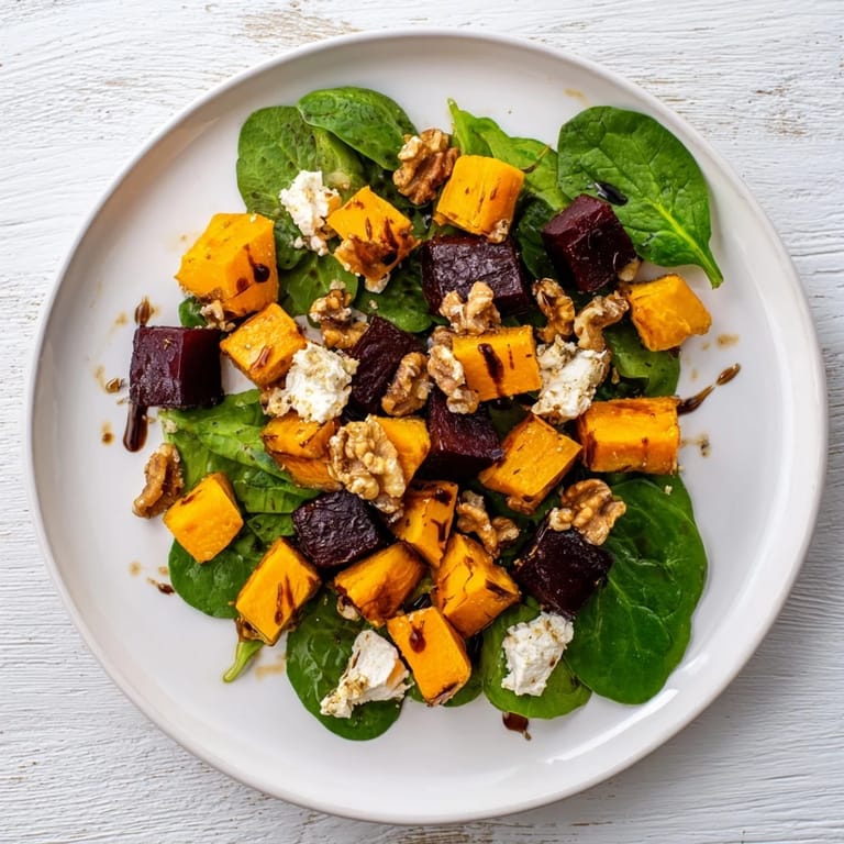 Close-up of freshly made Roasted Beet, Butternut & Spinach Salad with bright red beets and golden squash.