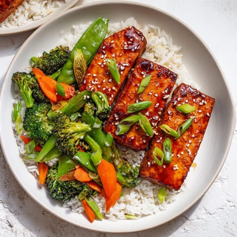 Steaming-hot Pressed Tofu Steaks rest with the colorful, savory stir-fried mix of veggies with fluffy rice.