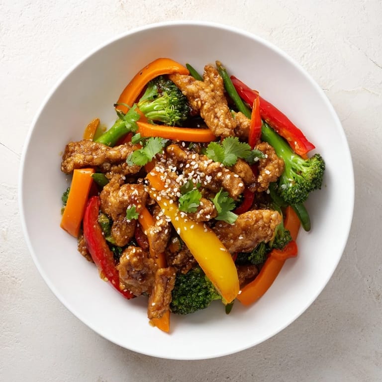 A delicious Chicken Stir-Fry with Vegetables and Rice, with tender chicken pieces and a thick, glossy sauce.