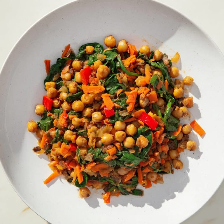 A colorful Vegetarian Chickpea & Spinach Skillet, served with crusty bread, ready for a delicious meal.