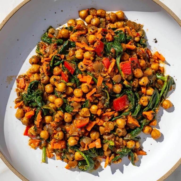 Hearty Vegetarian Chickpea & Spinach Skillet, showcasing vibrant spinach and tender chickpeas, seasoned perfectly.