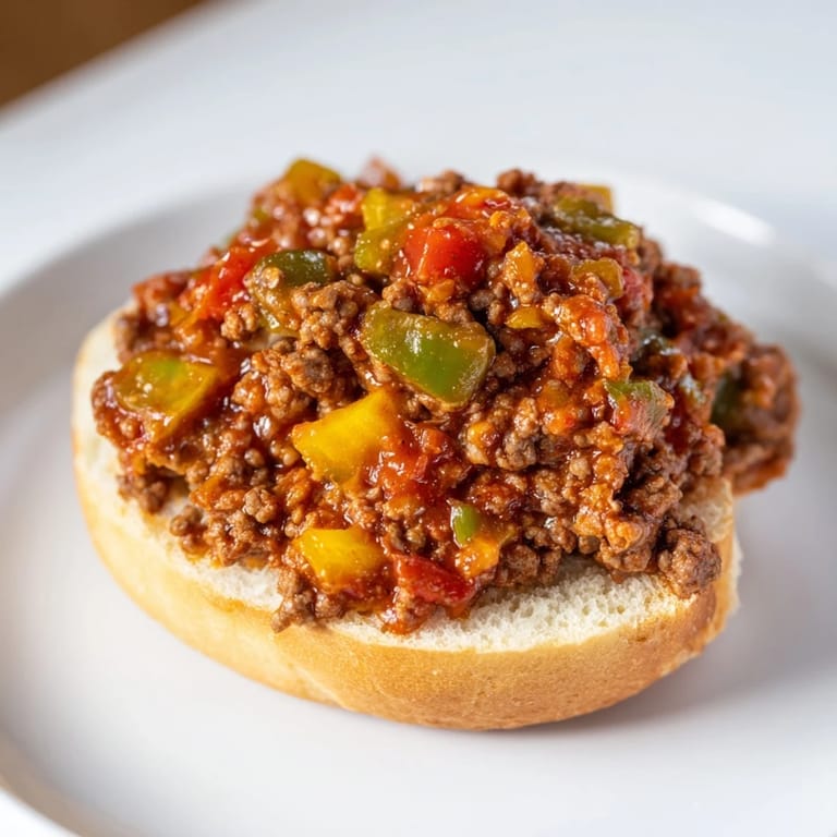 Delectable close-up of classic Sloppy Joes: ground beef in a rich tomato sauce, spilling slightly.