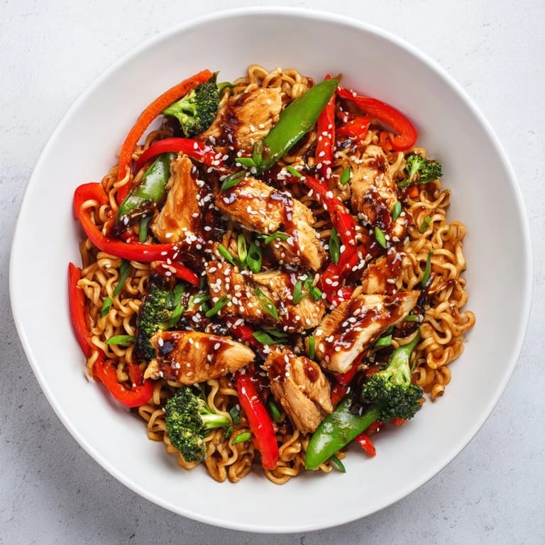 This vibrant photo shows a sheet-pan crispy ramen meal with tender chicken and colorful veggies.