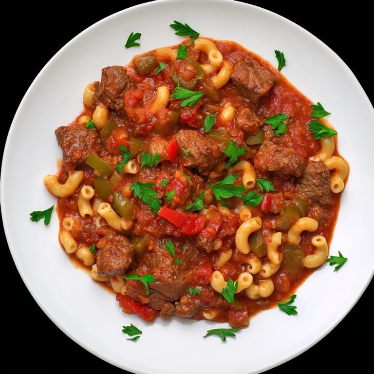 Hearty goulash with beef, a comforting meal brimming with rich tomato flavor and herbs.
