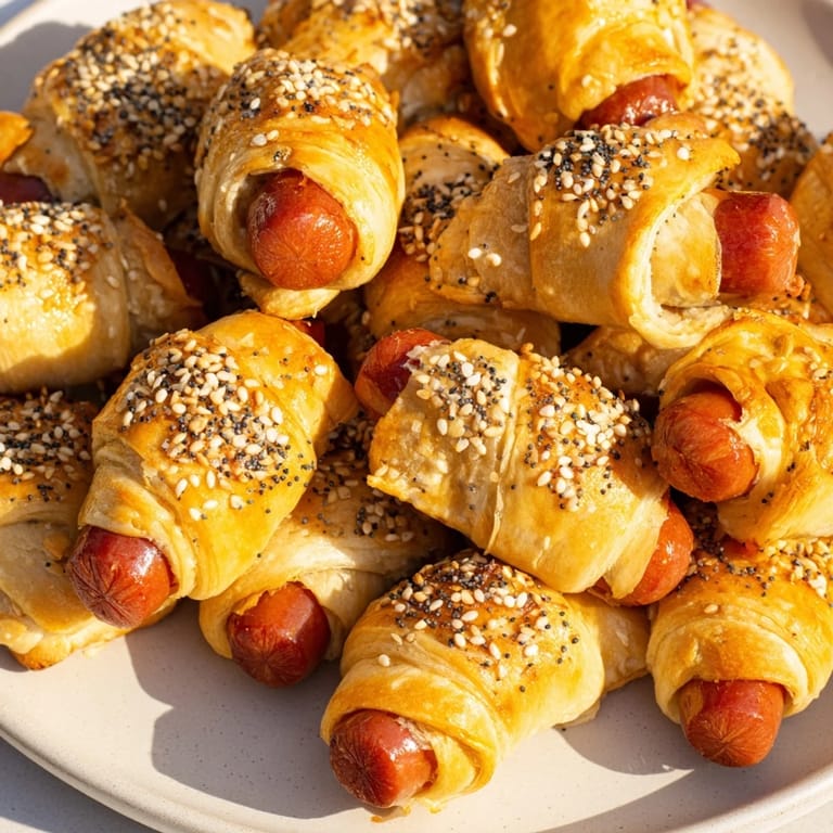 Warm, appetizing Everything Bagel Pigs in a Blanket are generously seasoned with everything bagel topping.
