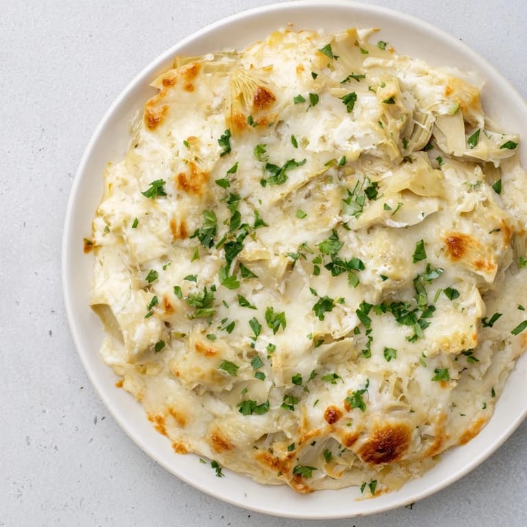 Creamy, cheesy Baked Artichoke Dip, fresh from the oven, served with crackers and vegetables.