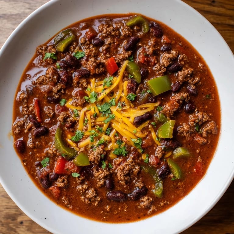 Close-up of quick chili, highlighting the tender beans and seasoned ground beef, ready to eat.