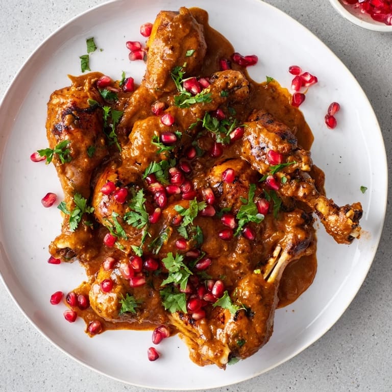 A close-up of hearty Pomegranate Walnut Fesenjan stew, stewed chicken in rich pomegranate sauce and herbs.