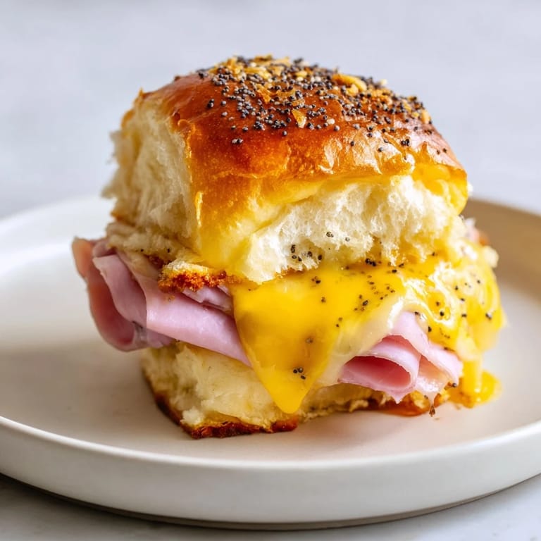 Warm, cheesy, and irresistible Baked Ham and Cheese Party Sliders fresh from the oven, ready to serve.