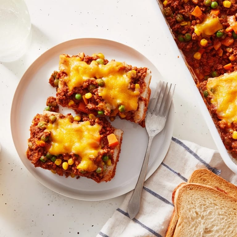 Savory 5-Ingredient Sloppy Joe Casserole with melted cheddar, served hot and ready to enjoy.