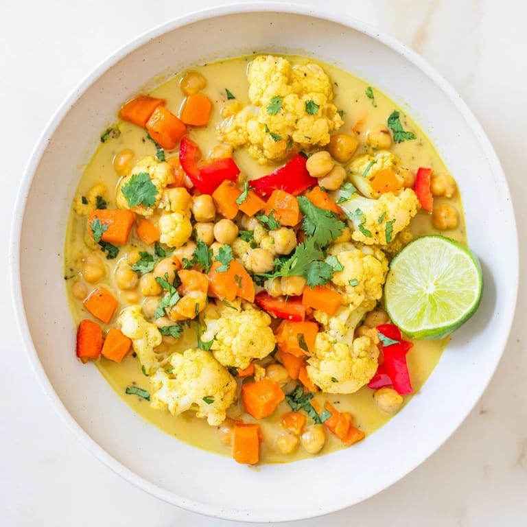 A vibrant bowl of curried cauliflower and chickpea coconut stew offers warmth and spice.