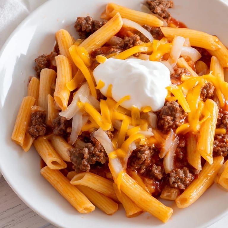 A bubbling skillet of Easy Beef Enchilada Pasta is ready to serve with sour cream and cheese.