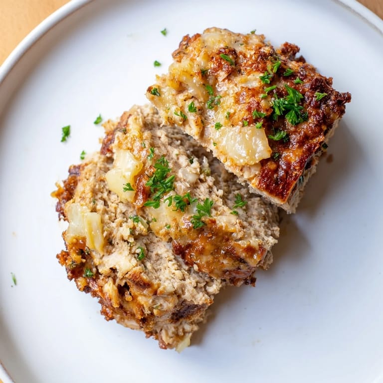Close-up of a sliced, tender Juicy Garlic Parmesan Chicken Meatloaf, with glistening glaze and fresh parsley garnish.