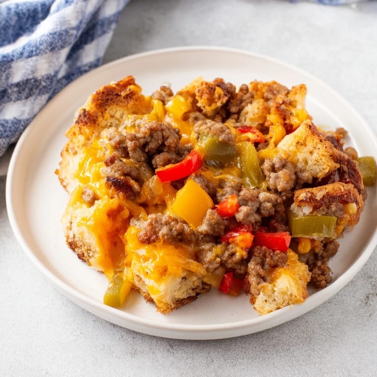 Cheesy, delicious Lightning-Fast Breakfast Sausage Casserole with visible sausage crumbles and colorful veggies.