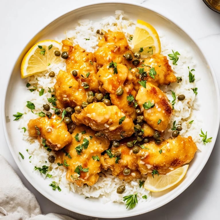 Bright and flavorful, this Express Chicken Piccata Rice Bowl includes fresh parsley and zesty lemon slices.