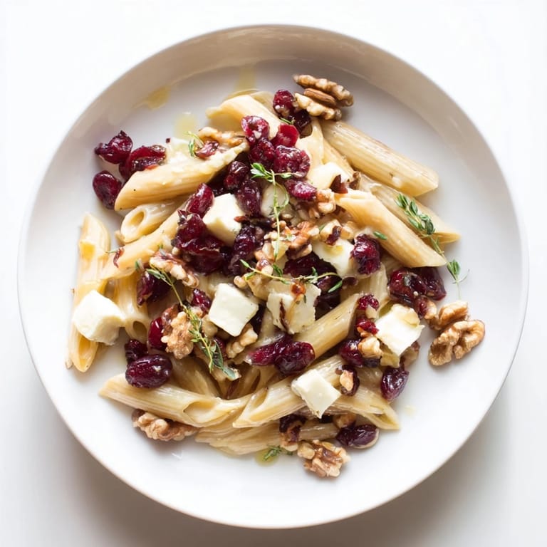 Creamy Baked Brie & Cranberry Pasta, showing glistening cranberries with toasted walnuts and fresh herbs.