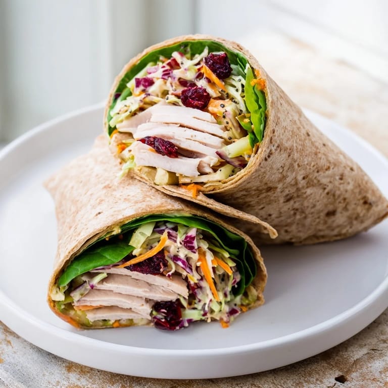 A close up of ready-to-eat cranberry apple slaw turkey wraps, perfect for lunch or picnics.