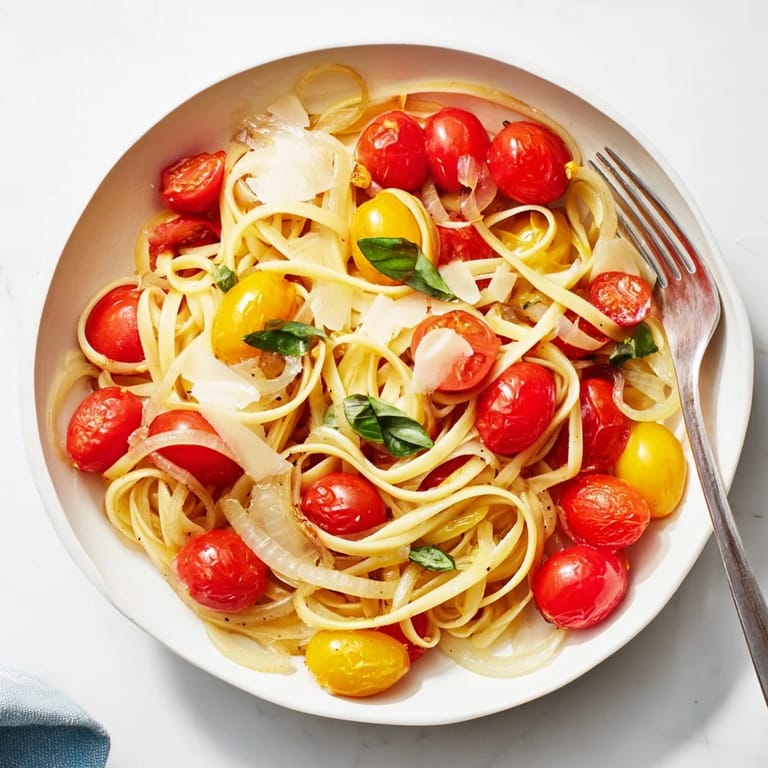Fresh basil and cheese garnish Cozy Fireplace One-Pan Tomato Basil Pasta, a perfect Italian comfort food.