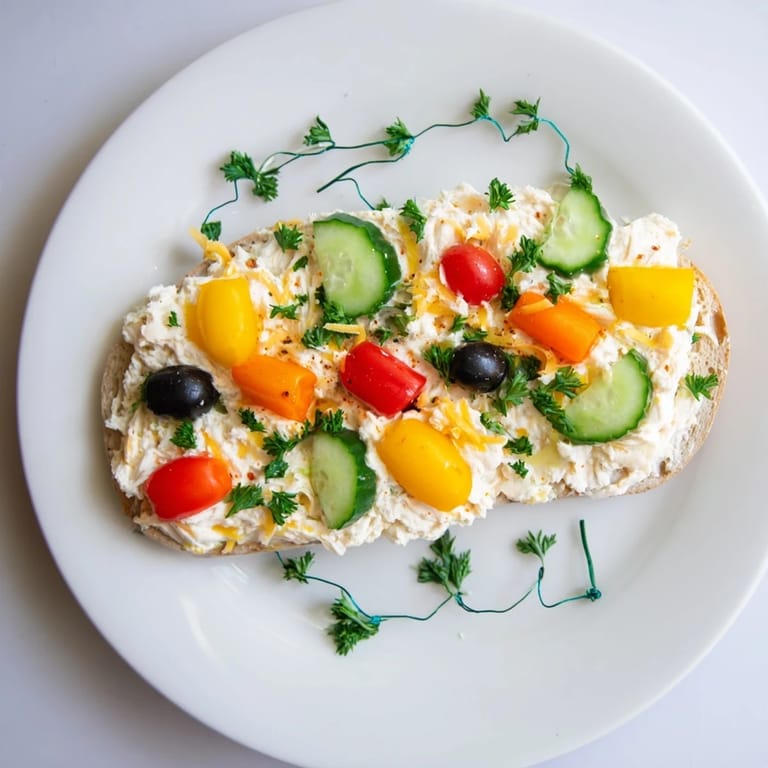 Creamy cheese base adorned with "lights" of the Christmas Lights Appetizer Spread, ideal for a holiday party.