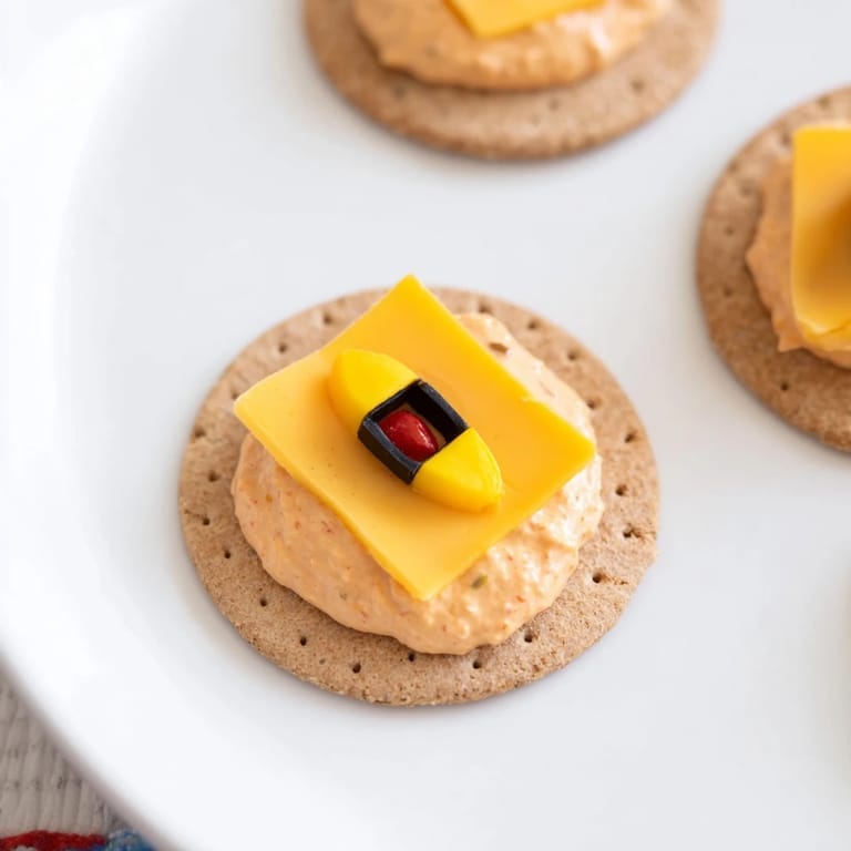 Melted cheese sits atop crackers for this delightful Santas Belt Crackers & Dip with savory flavors.