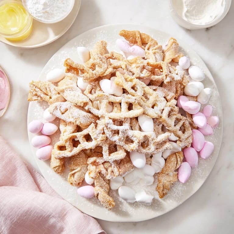A festive dessert board showcasing golden, flaky angel wings amid delightful, sweet treats.