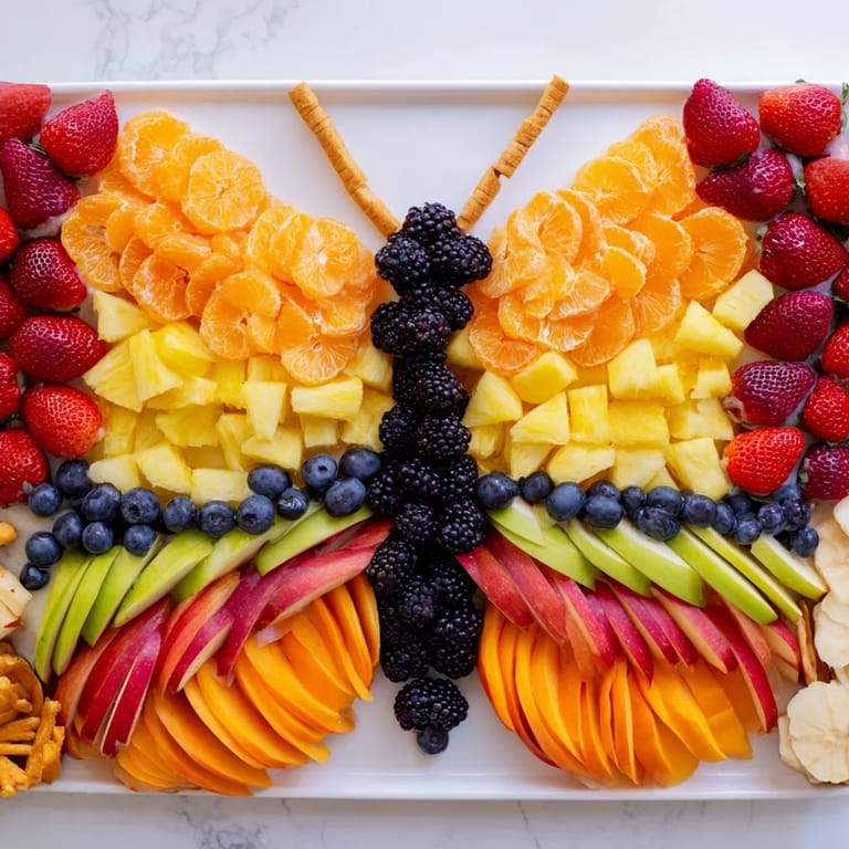 A visually stunning Monarch Magic Fruit Butterfly Tray, bursting with fresh, colorful fruit and delicious flavors.