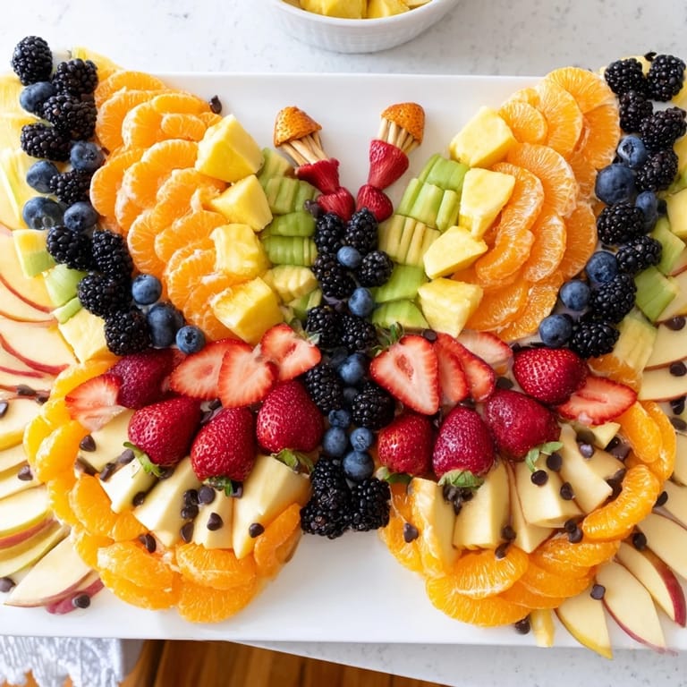 Beautifully arranged Monarch Magic Fruit Butterfly Tray, a healthy snack with oranges, grapes, and pretzel antennae.