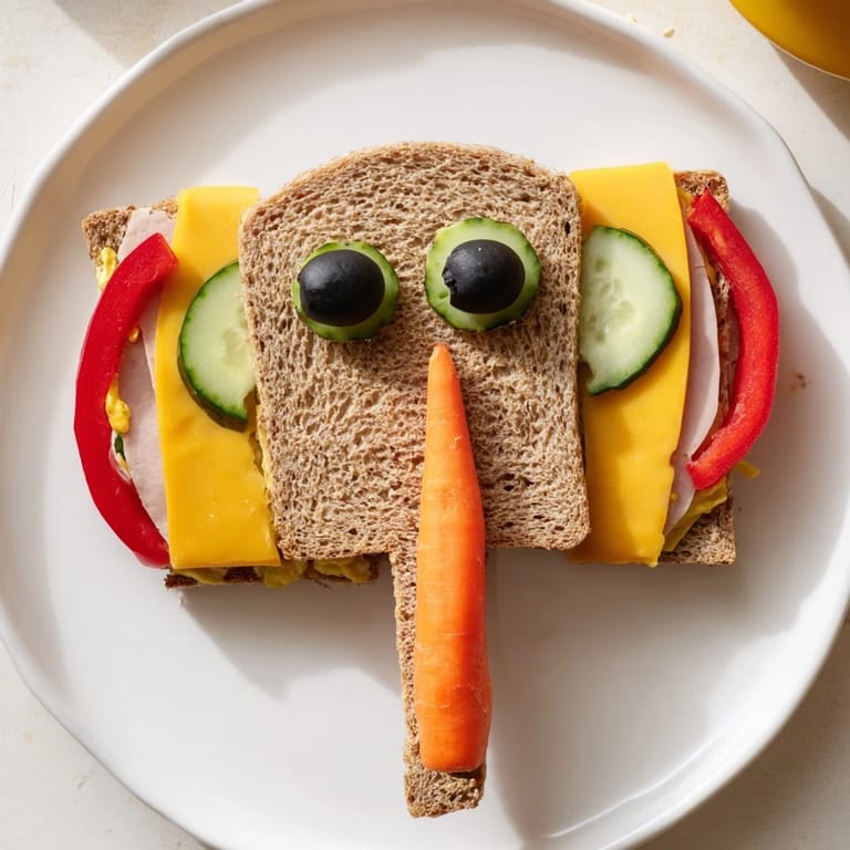 A vibrant close-up of the Big Top Elephant Sandwich board, a delightful and easy kids party recipe.
