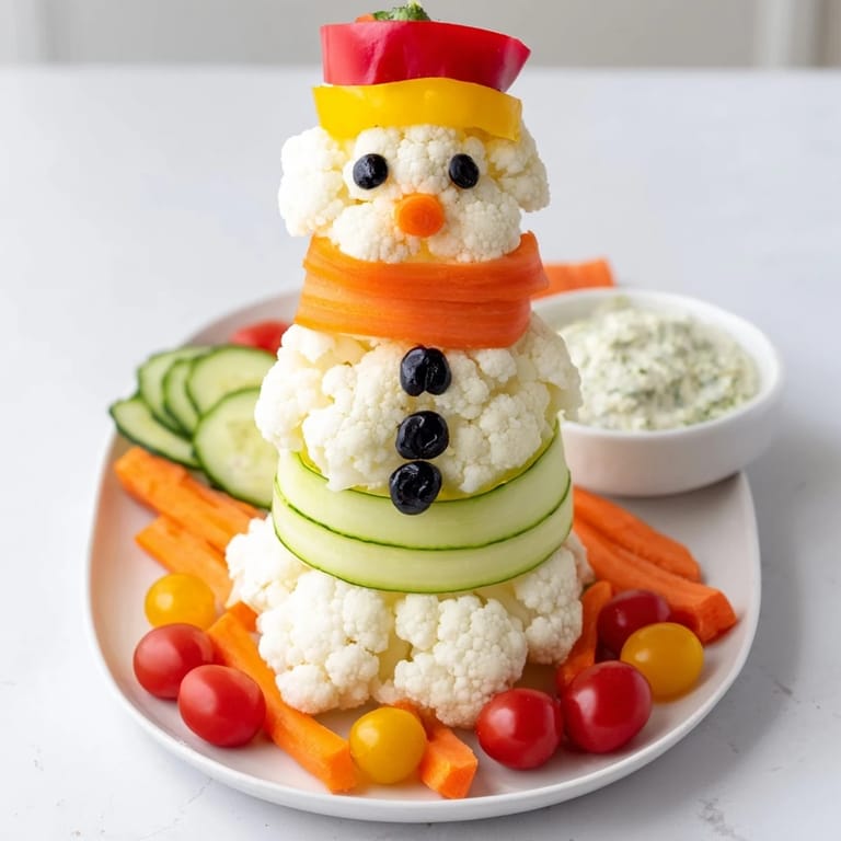 Festive Snowman Crudités with Dip, a creative and vibrant arrangement of fresh vegetables perfect for kids.