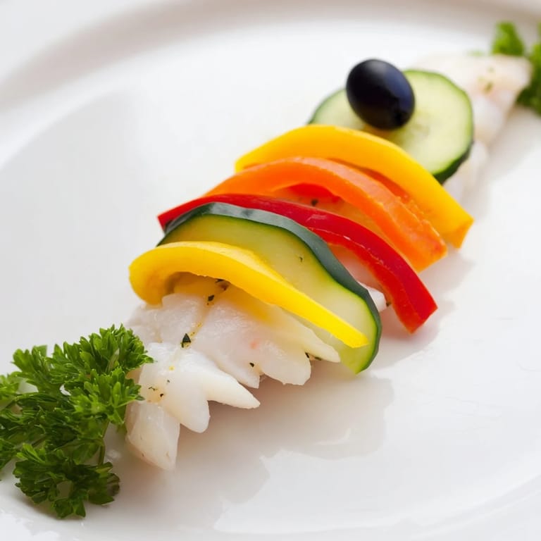 Elegant Light Fish-Shaped Meal, showing colorful vegetables arranged on tender baked fish, ready to serve.