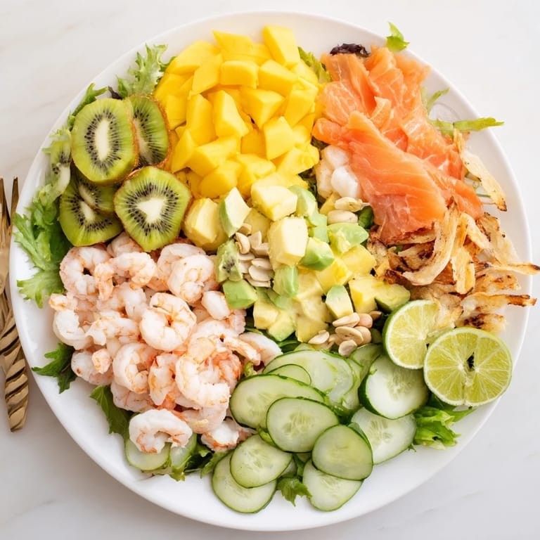 This colorful Tropical Wave Tasting Platter showcases fresh fruits, smoked salmon, and crunchy toasted coconut flakes.