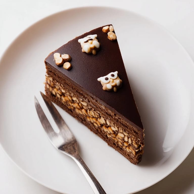 Layers of dark chocolate mousse and praline crunch make up this stunning Plaisirs Sucrés Hibou de la Nuit cake.